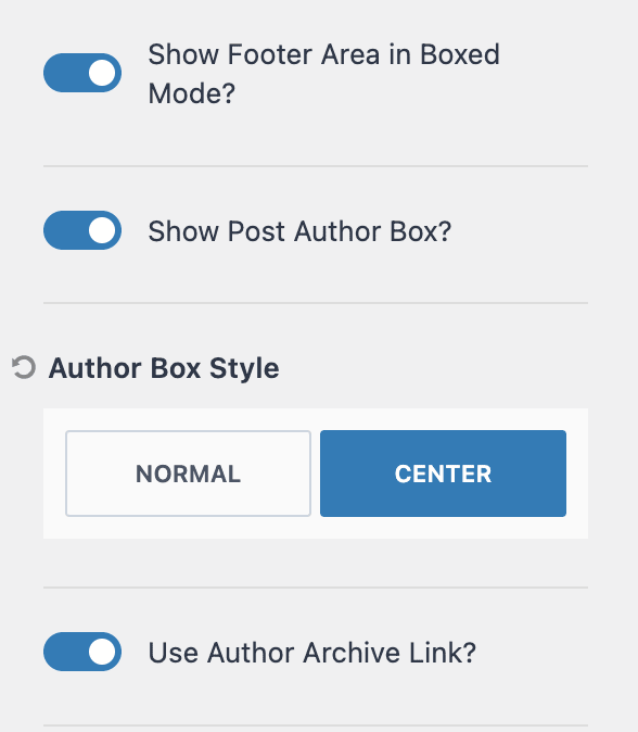 Screenshot of WordPress Customize sidebar showing that "Show Post Author Box" and "Use Author Archive Link" are turned on, and Center is selected as the "Author Box Style".